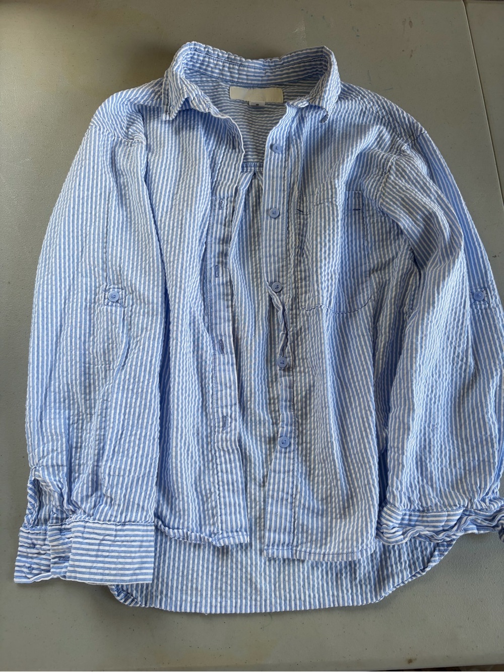 Zara Kids Blue White Striped Seersucker Roll Tab Button Down Shirt Size 9/10